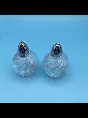 Vintage IRice Glass Swirl Salt and Pepper Shaker Set with Silver Tops